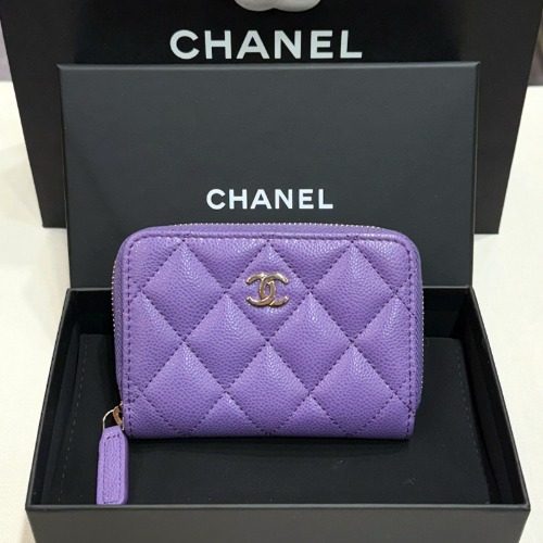 CHANEL 그레인드 Calfskin Zipper 동전Wallets Gold-Tone 퍼플 라일락