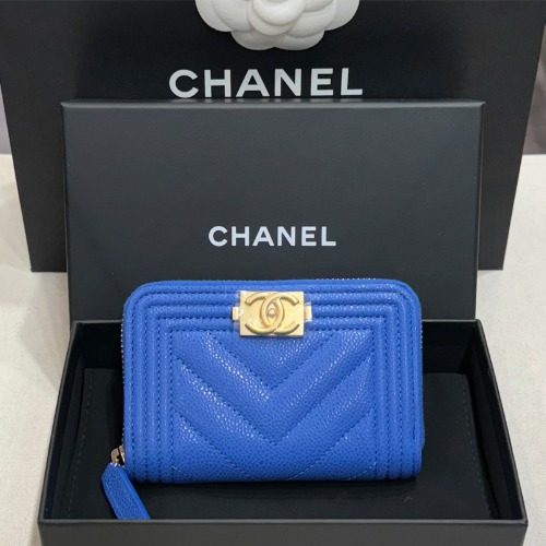 CHANEL 보이 그레인드 Calfskin Zipper 동전 Wallet CC Gold-Tone 블루