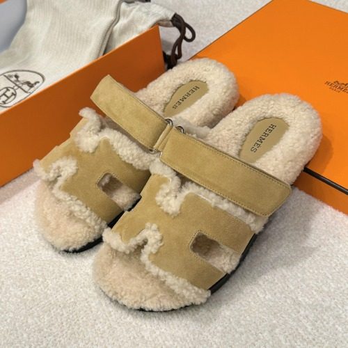 HERMES Shearling 시프레 Sandals 고트스킨 울스킨 카키 베이지