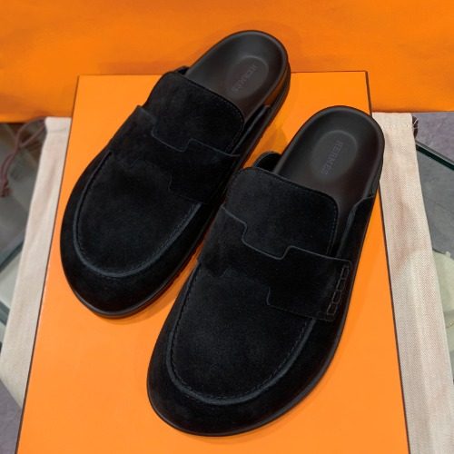 HERMES Suede Calfskin Black Go Mules