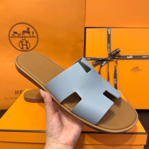 HERMES 이즈미르 Slippers Calfskin 스카이블루 브라운 Two-Tone 42.5
