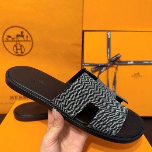 HERMES 이즈미르 Slippers Calfskin Chevron Black 42