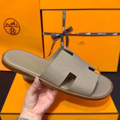 HERMES 이즈미르 Slippers Calfskin Chevron 베이지
