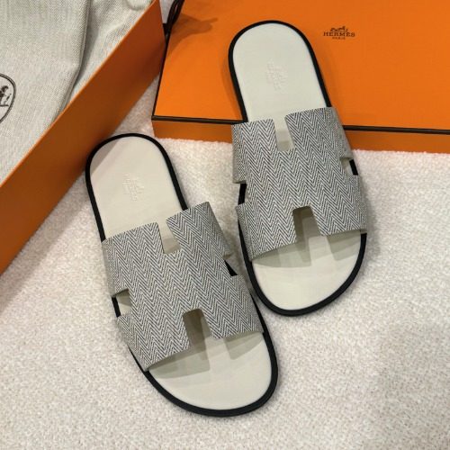 HERMES 이즈미르 Slippers Calfskin 헤링본 White
