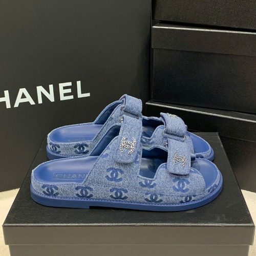 CHANEL 25 S / S Free 컬렉션 Denim 블루 Velcro Mules Slippers