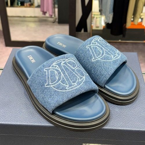 DIOR 블루 Quilt Denim 아쿠아 Mules Slippers