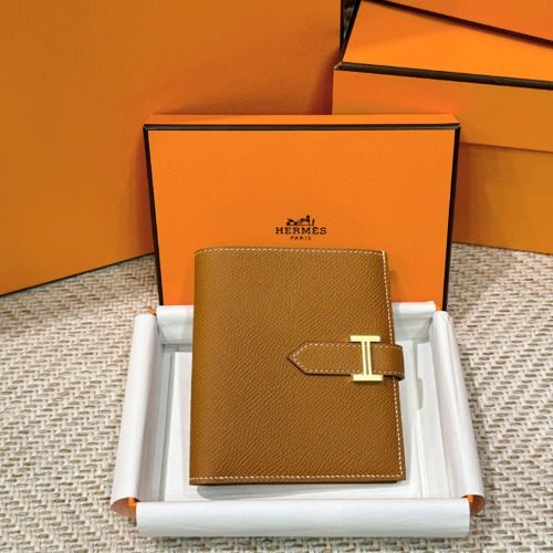 HERMES Wallet 앱송 베안 Compact 브라운 Gold-Tone Clip Bifold Wallet