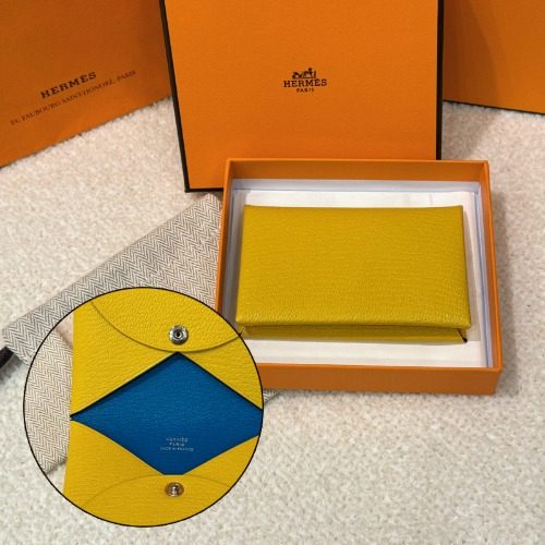 HERMES Card Wallet 고트스킨 팔라듐 칼비 베르소 썬 블루