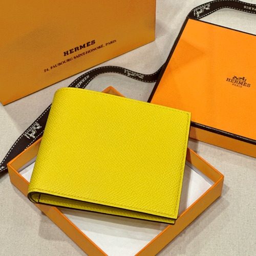 HERMES 앱송 Calfskin 옐로우 Card Holder Bifold Wallet