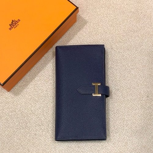 HERMES 베안 Long Wallet 앱송 Calfskin 블루&Gold 하드웨어