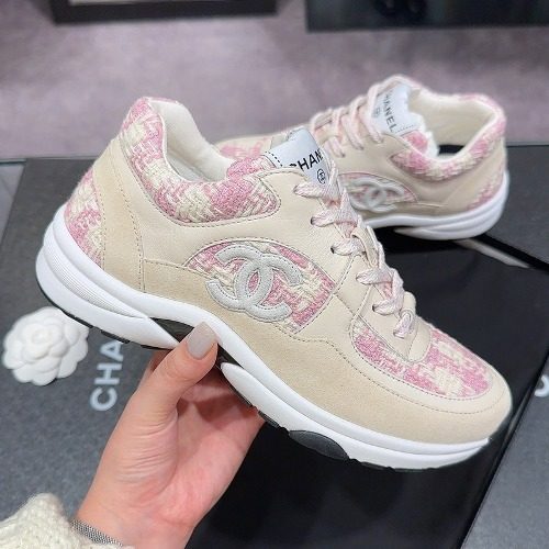 CHANEL 크루즈 Tweed Calfskin 베이지 핑크 Sneakers