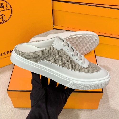 HERMES Canvas Calfskin 킵 Sneakers Mules White 베이지