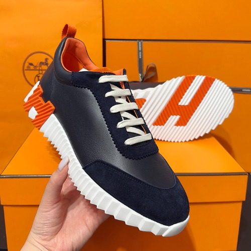 HERMES λ°μ΄μ± Leather λ§λ¦° λΈλ£¨ μ€λ μ§ Logo Sneakers